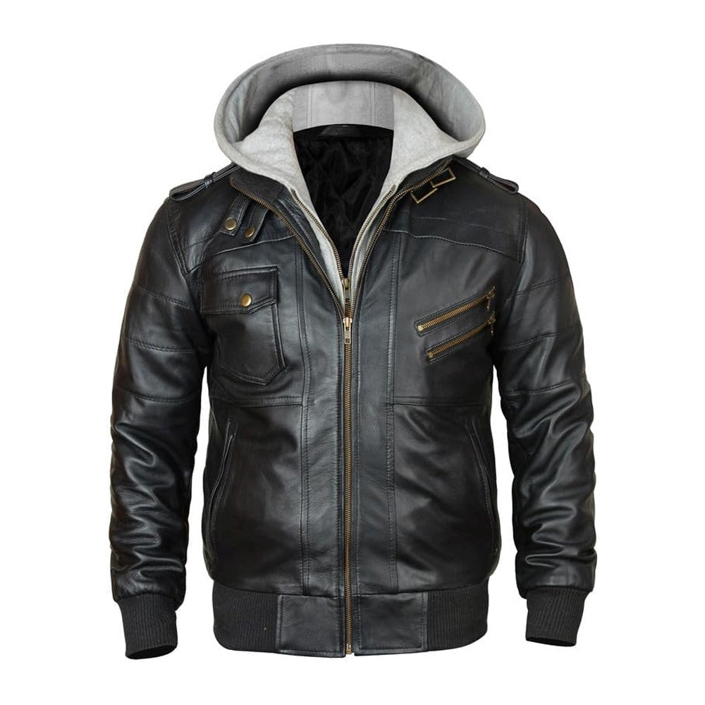 Bomber Removable Hooded Sheepskin Leather Jacket for Men