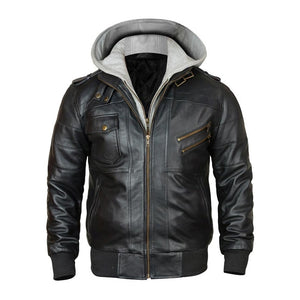 Bomber Removable Hooded Sheepskin Leather Jacket for Men