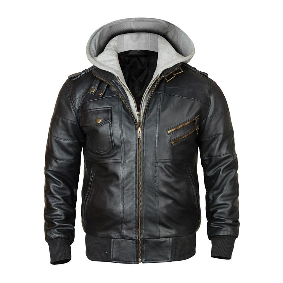 Bomber Removable Hooded Sheepskin Leather Jacket for Men