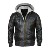 Bomber Removable Hooded Sheepskin Leather Jacket for Men