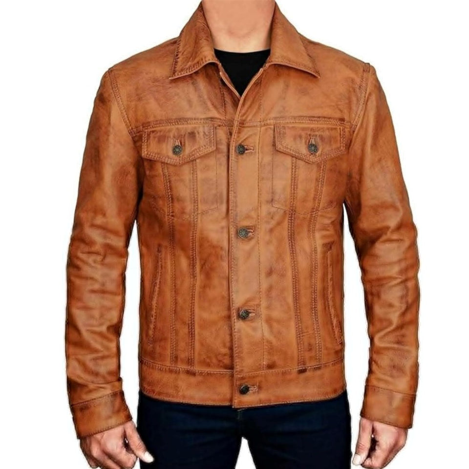 Trucker Vintage Style Real Lambskin Leather Jacket for Men