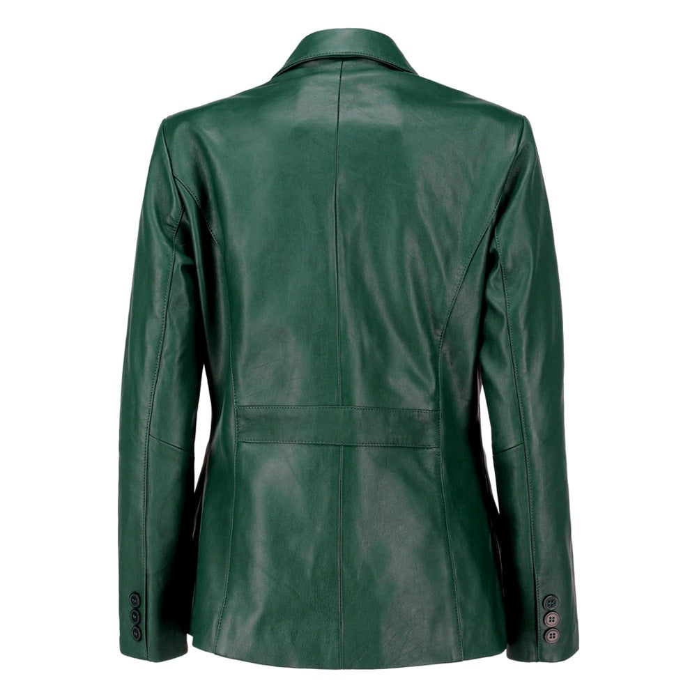 Black Notched-Collar Casual Genuine Sheepskin Leather Blazer for Women