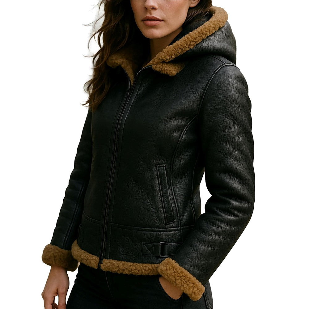 B3 Hooded Bomber Faux Shearling Sheepskin Leather Jackets for Women