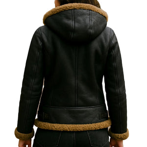 B3 Hooded Bomber Faux Shearling Sheepskin Leather Jackets for Women