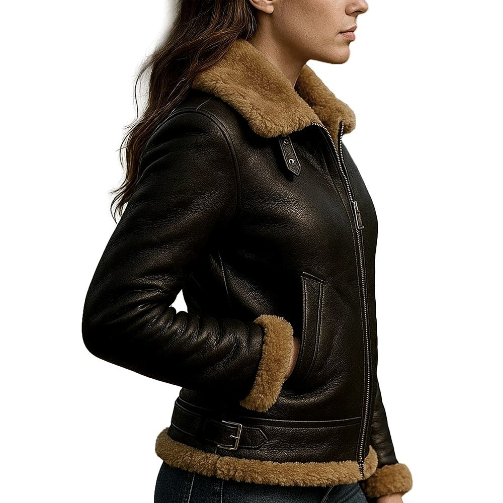 B3 Hooded Bomber Faux Shearling Sheepskin Leather Jackets for Women