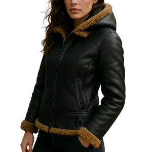 B3 Hooded Bomber Faux Shearling Sheepskin Leather Jackets for Women