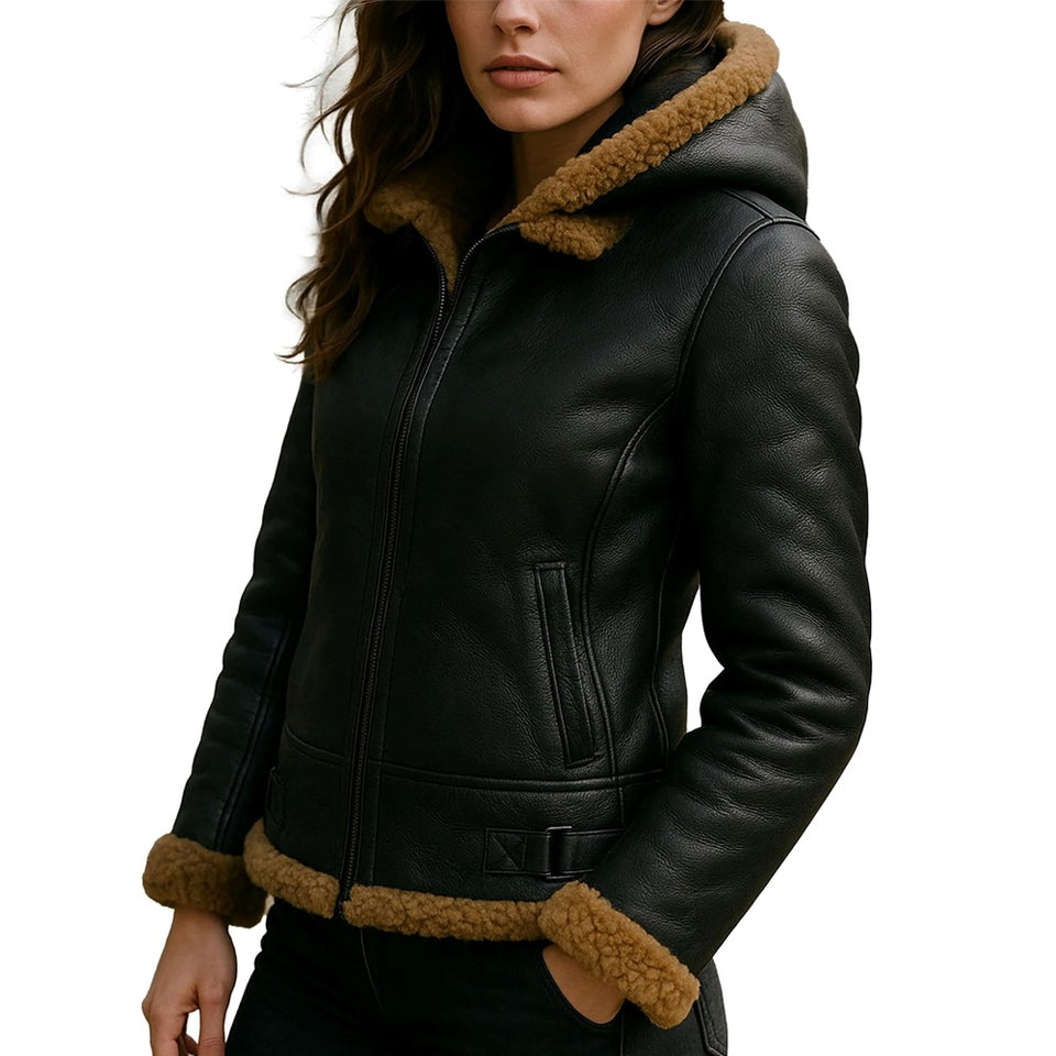 B3 Hooded Bomber Faux Shearling Sheepskin Leather Jackets for Women