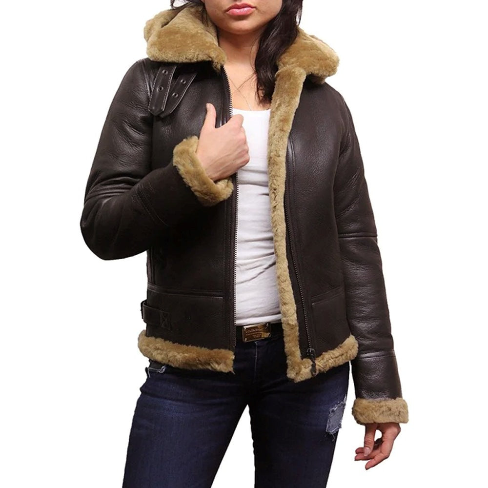 B3 Hooded Bomber Faux Shearling Sheepskin Leather Jackets for Women