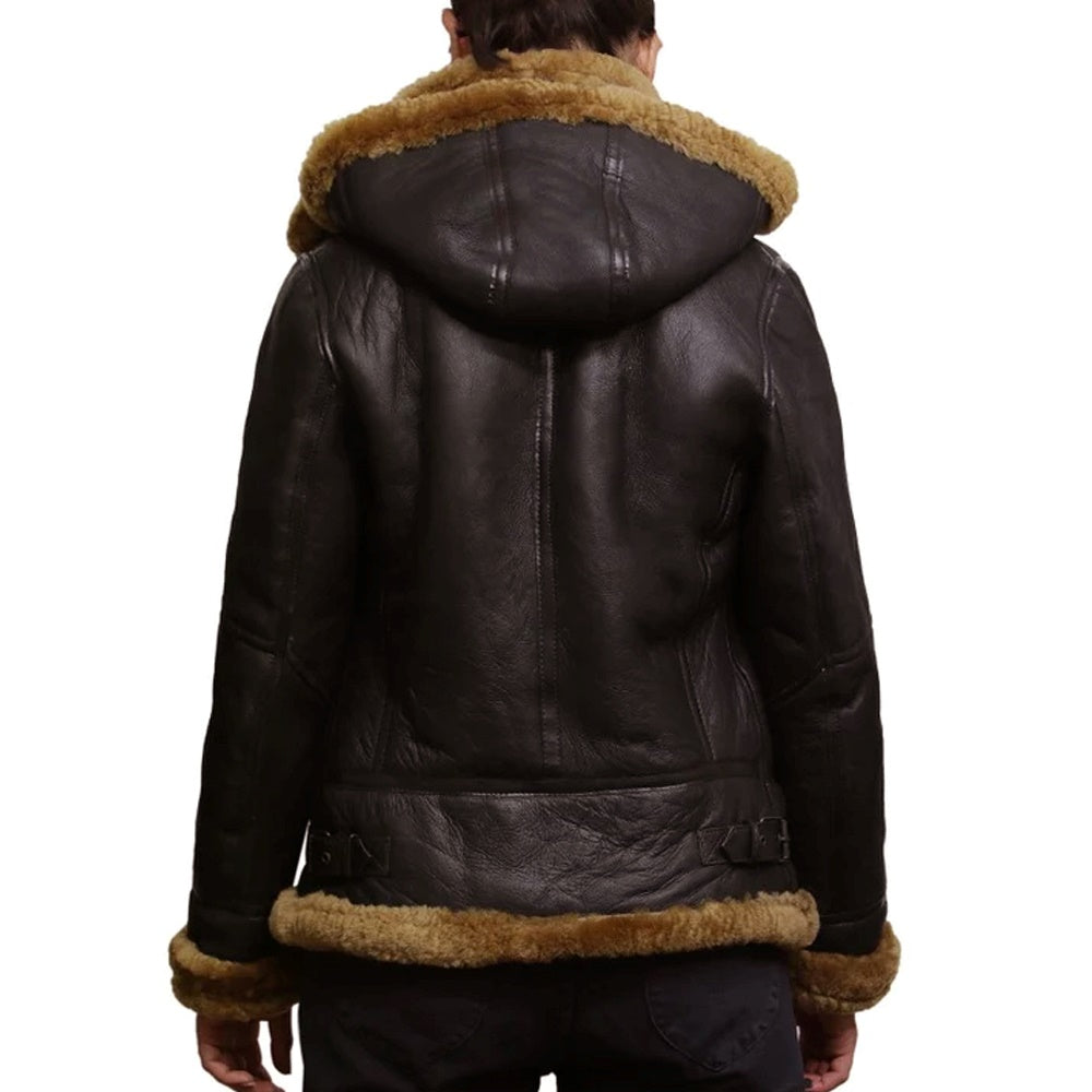 B3 Hooded Bomber Faux Shearling Sheepskin Leather Jackets for Women
