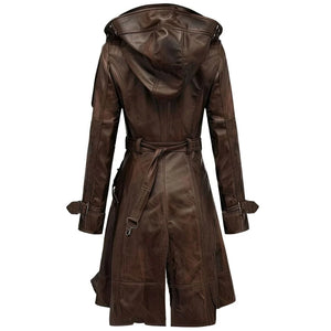 Brown Vintage Hooded Long Premium Sheepskin Leather Coat For Women