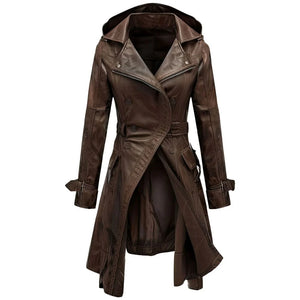 Brown Vintage Hooded Long Premium Sheepskin Leather Coat For Women
