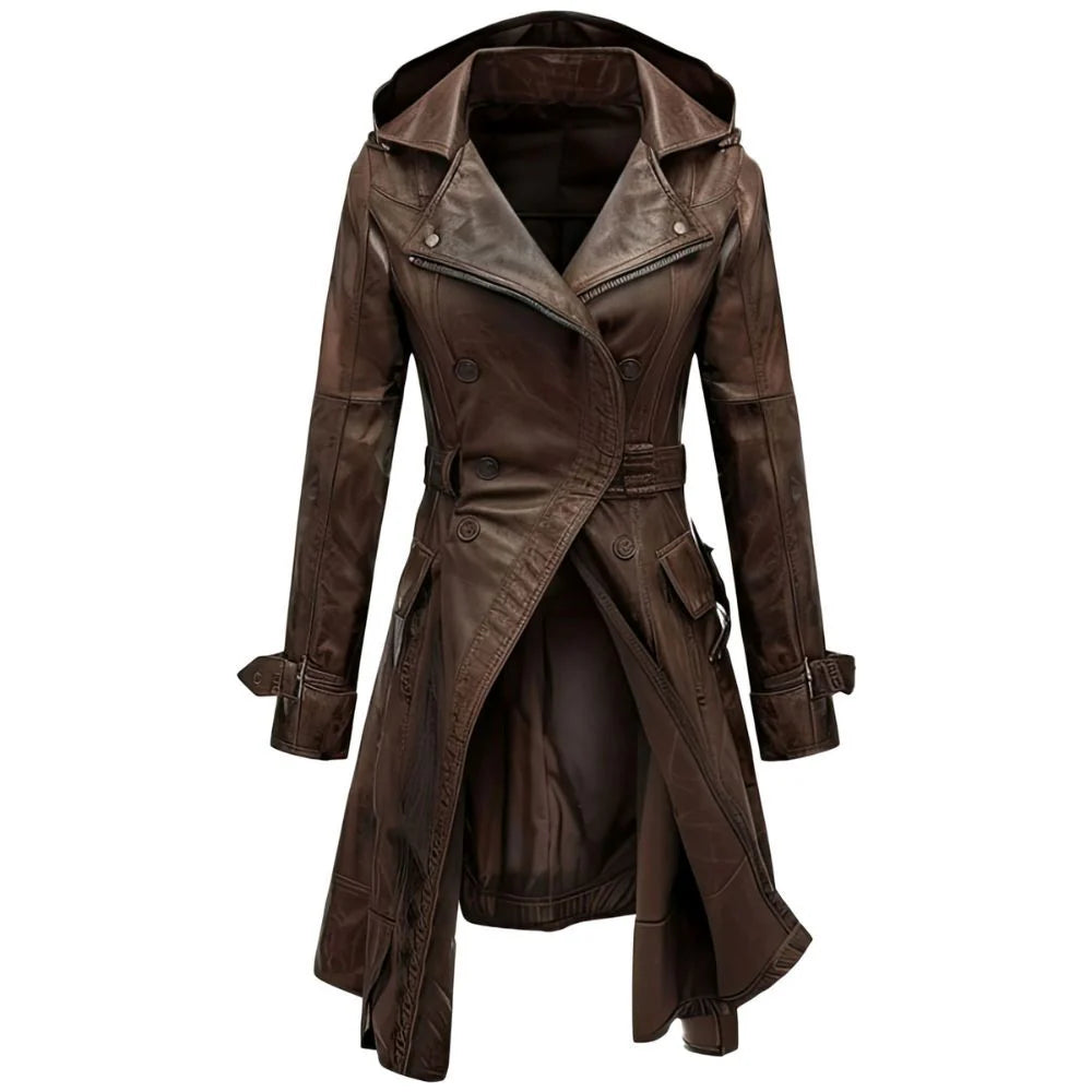 Brown Vintage Hooded Long Premium Sheepskin Leather Coat For Women