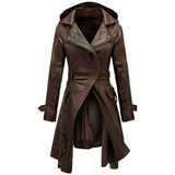 Brown Vintage Hooded Long Premium Sheepskin Leather Coat For Women
