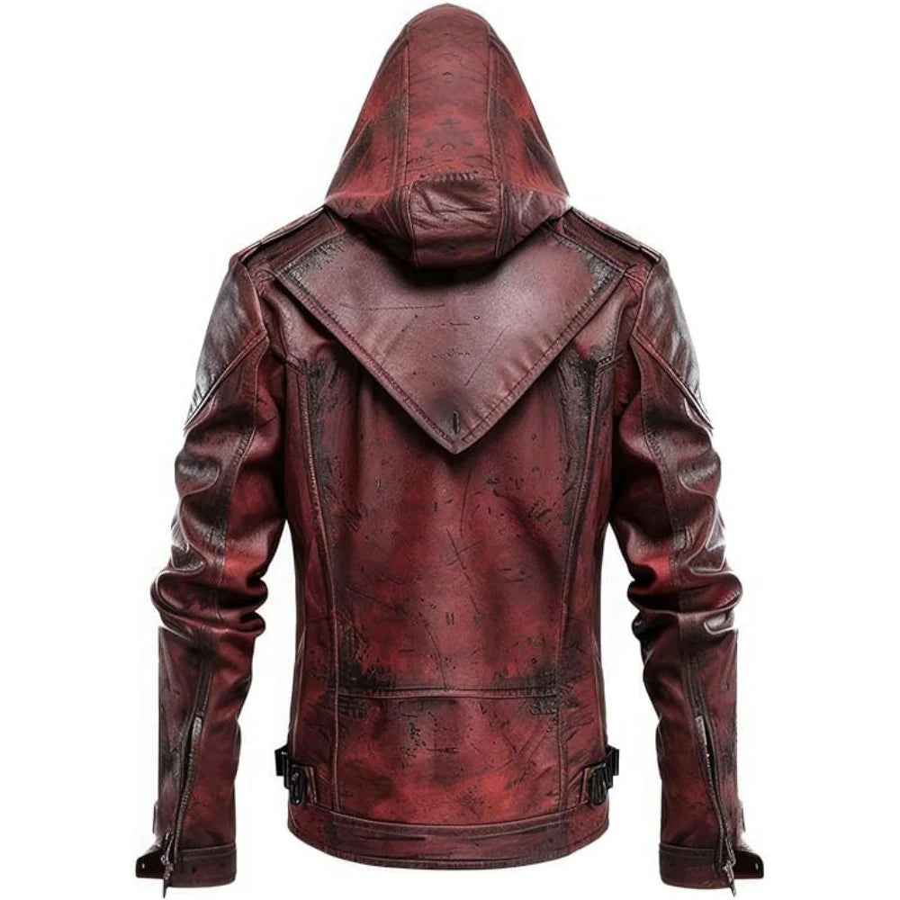 Distressed Red Genuine Sheepskin Hooded Slim-Fit Biker Leather Jacket for Men