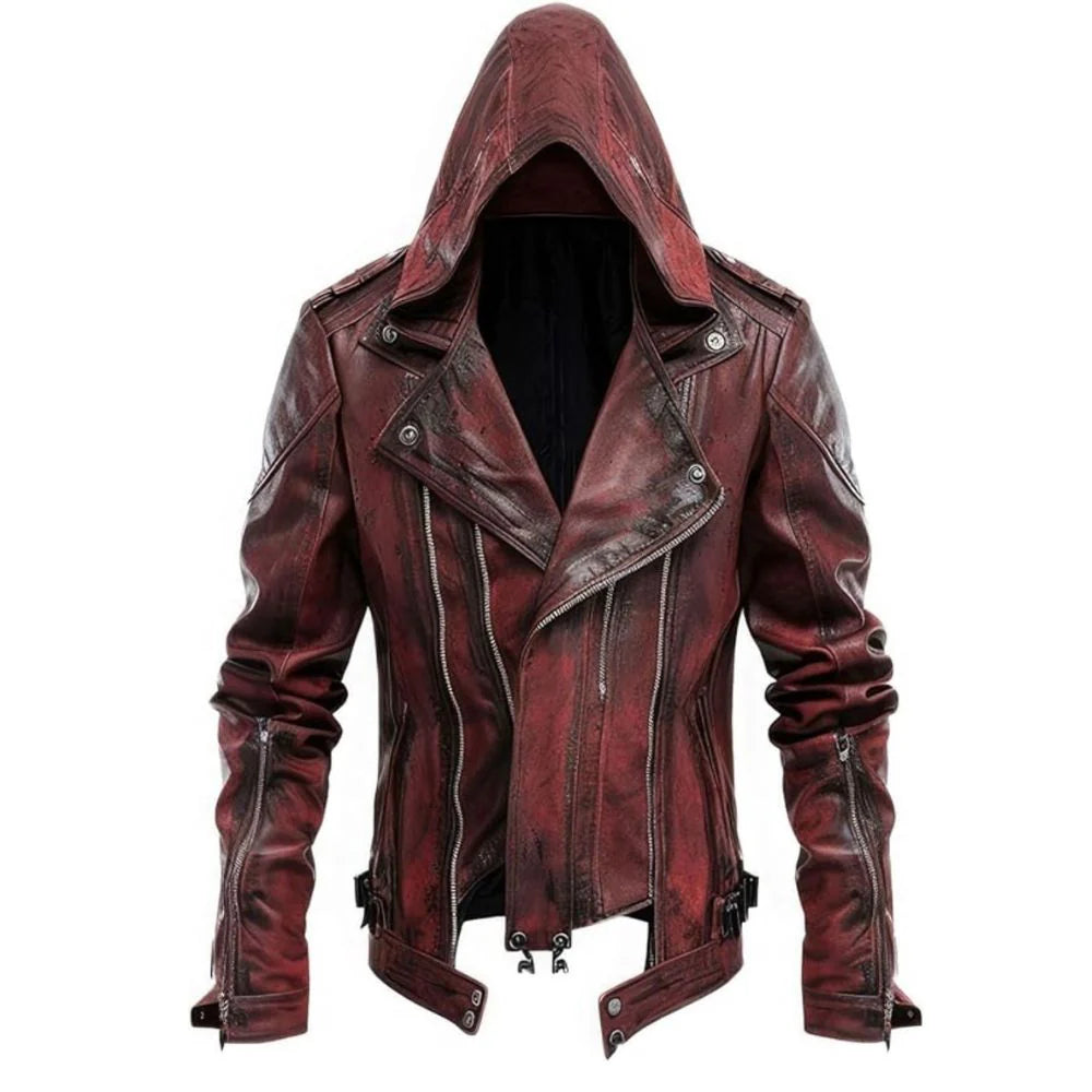 Distressed Red Genuine Sheepskin Hooded Slim-Fit Biker Leather Jacket for Men