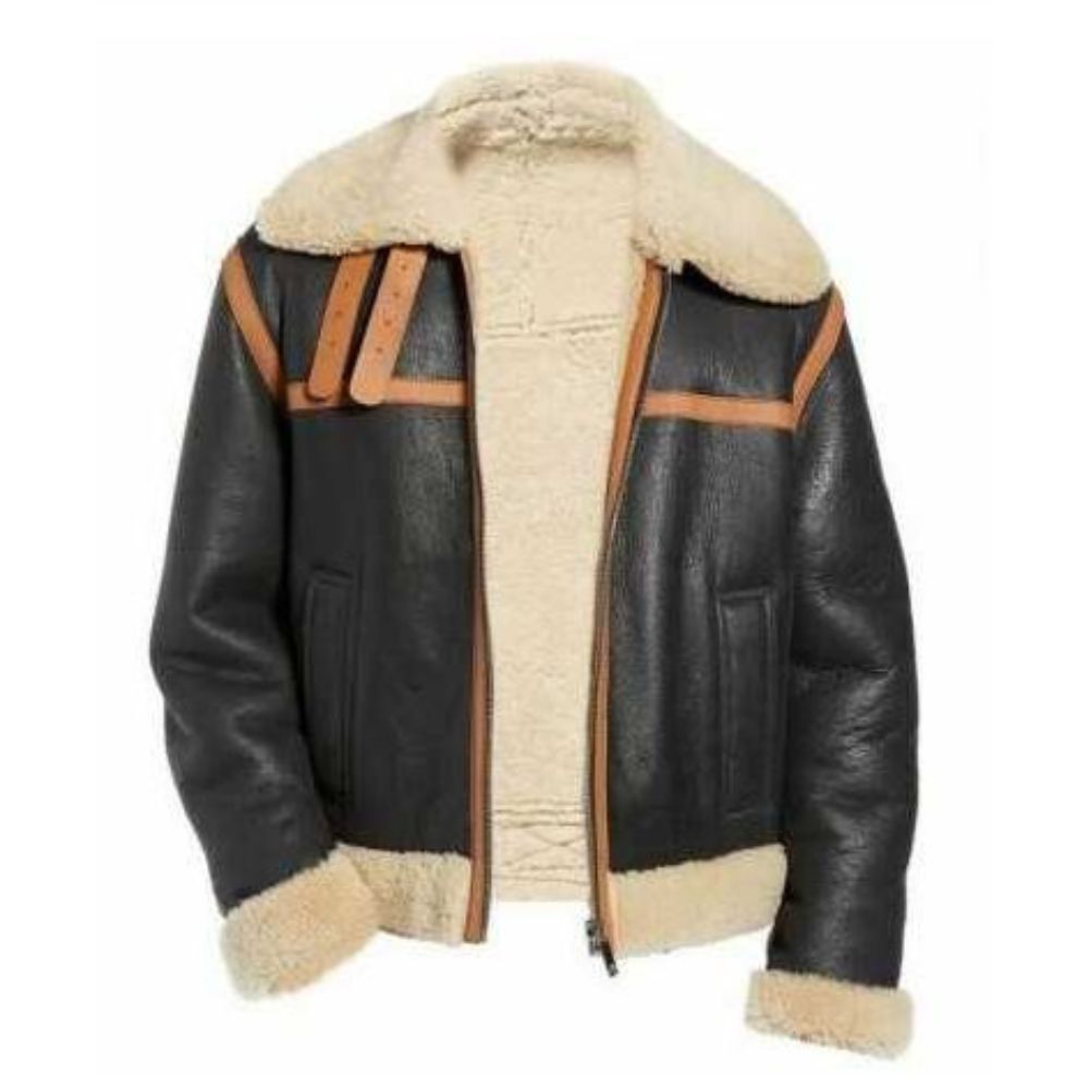 B-3 Bomber Shearling-Lined Black Sheepskin Leather Jacket for Men