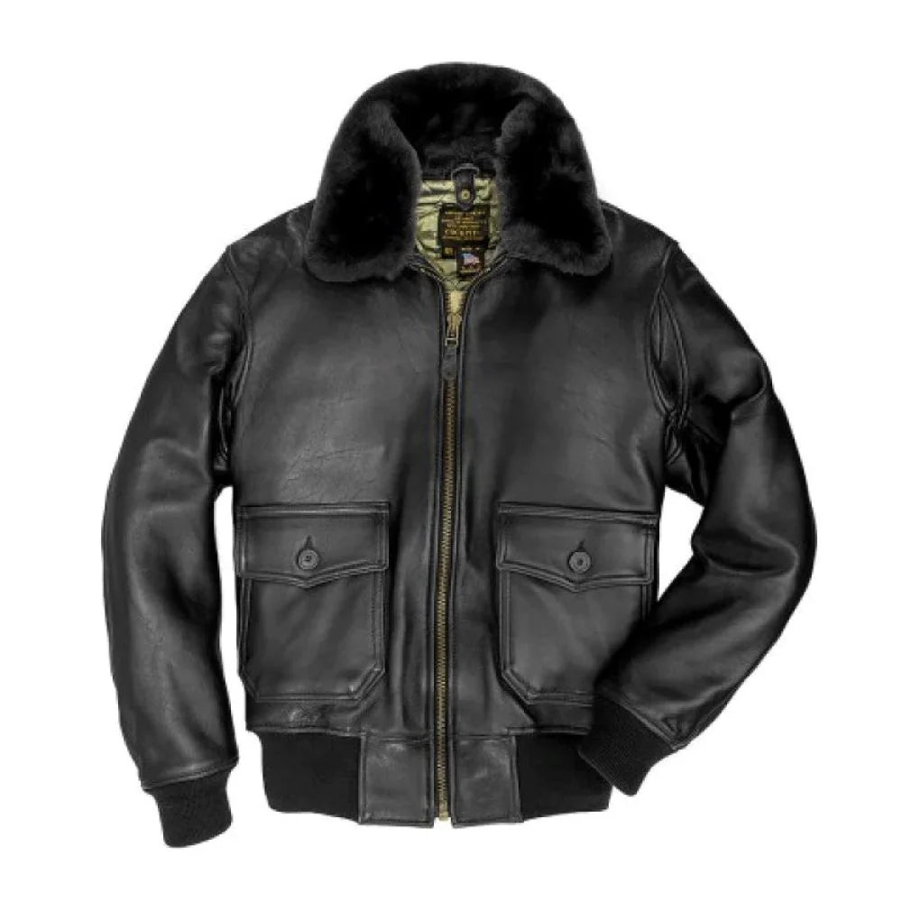 Classic Black Bomber Rib Knitted Genuine Sheepskin Leather Jacket for men