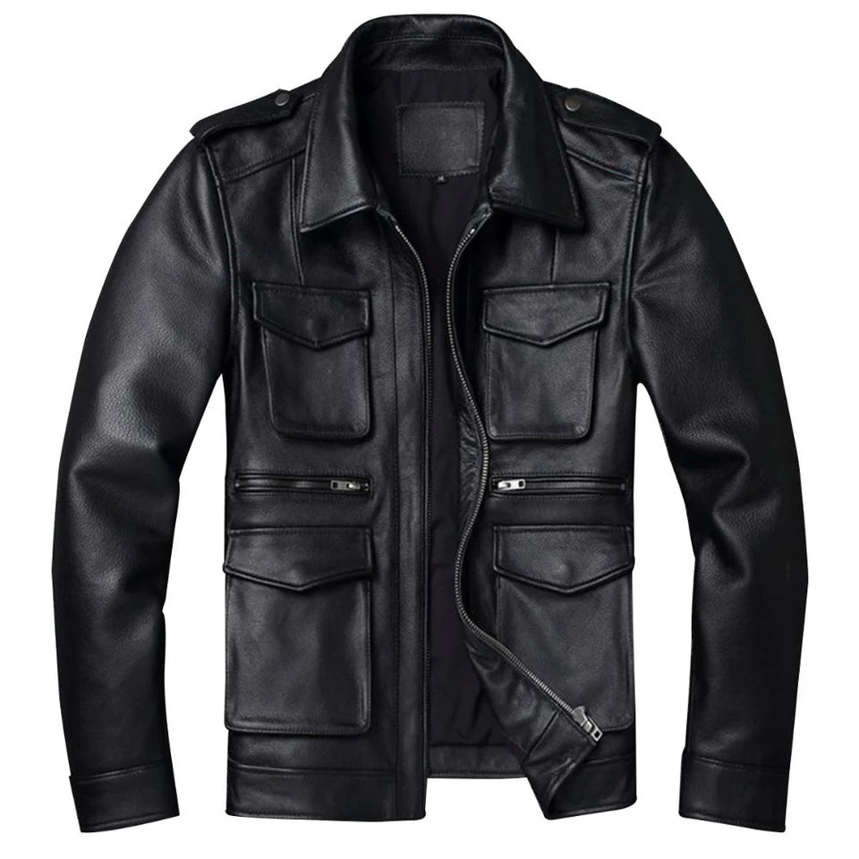 Retro Black Motorcycle Genuine Cowhide Leather Jacket for Men