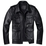 Retro Black Motorcycle Genuine Cowhide Leather Jacket for Men