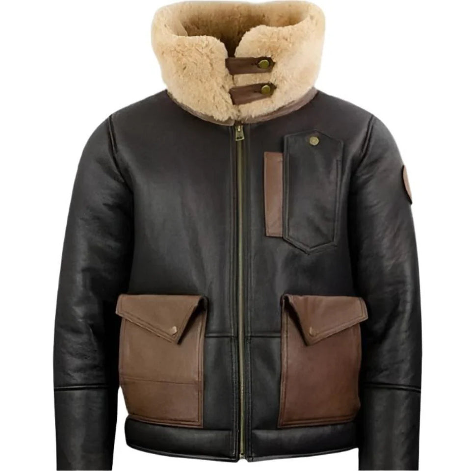 Black Genuine Sheepskin Shearling Lined Bomber Leather Jacket for Men's