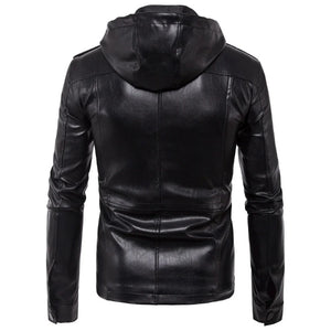 Black Military Inspired Detachable Hoodie Lambskin Leather Jacket for Men