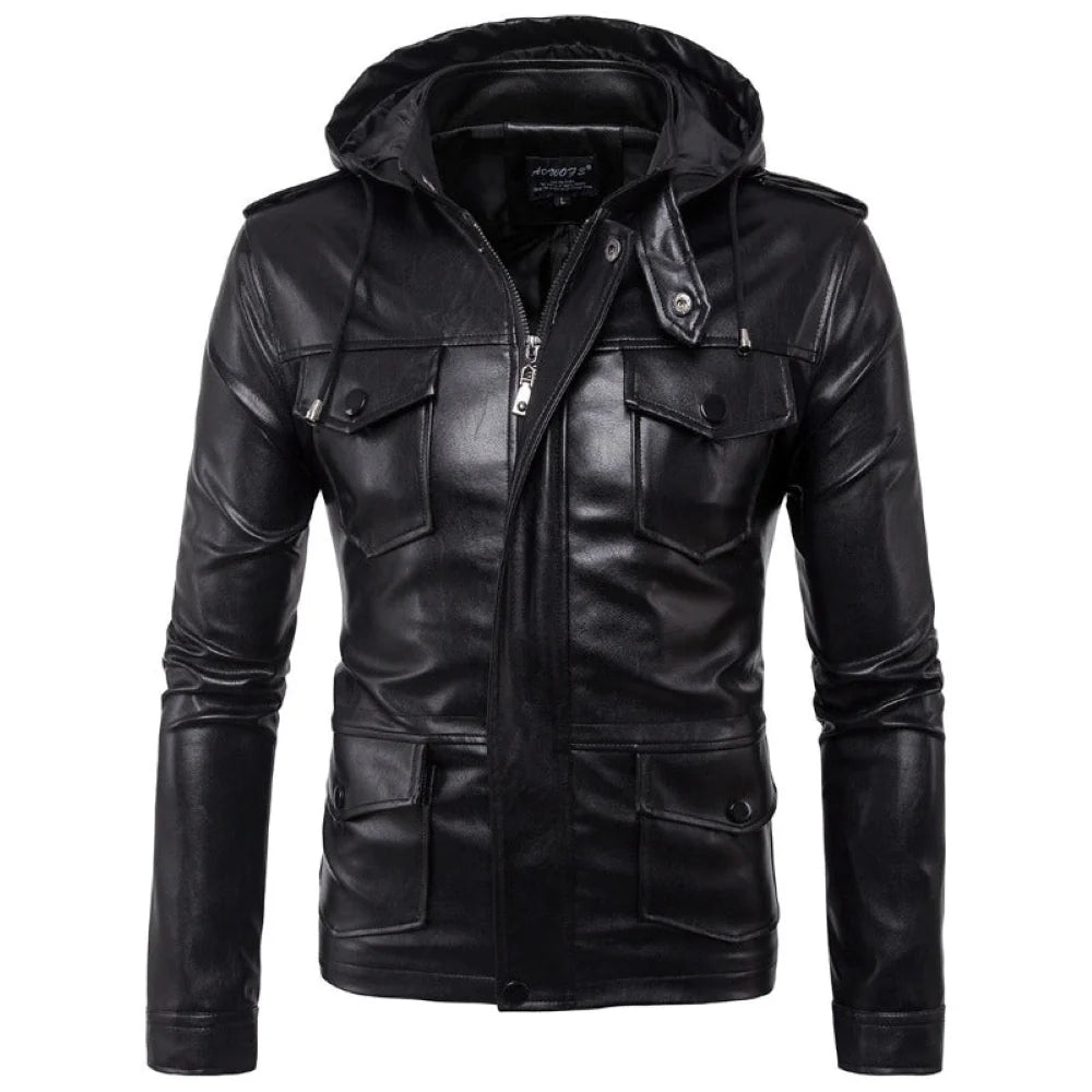 Black Military Inspired Detachable Hoodie Lambskin Leather Jacket for Men