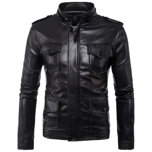 Black Military Inspired Detachable Hoodie Lambskin Leather Jacket for Men