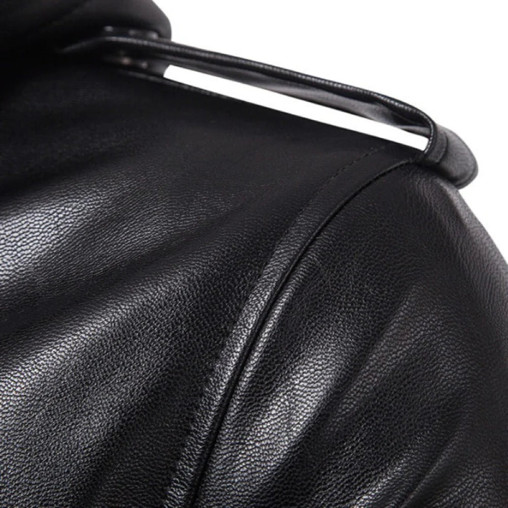 Black Military Inspired Detachable Hoodie Lambskin Leather Jacket for Men