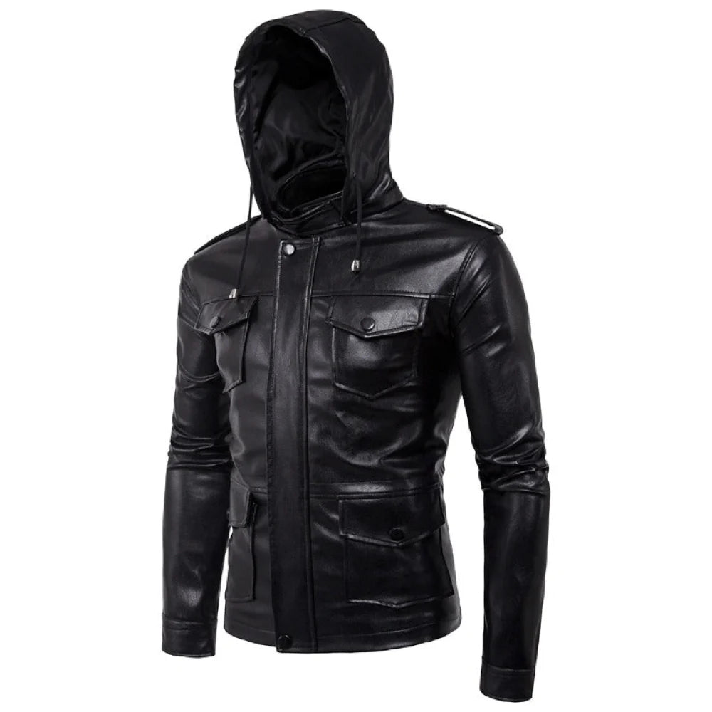 Black Military Inspired Detachable Hoodie Lambskin Leather Jacket for Men