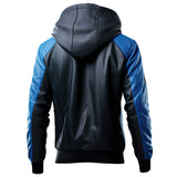 Blue Genuine Sheepskin Hooded Rib Knit Slim-Fit Leather Jacket for Men