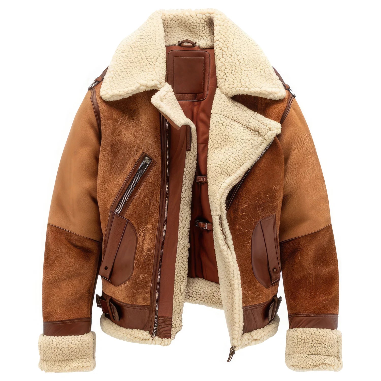 Brown Genuine Suede Shearling Lined Aviator Leather Jacket for Men