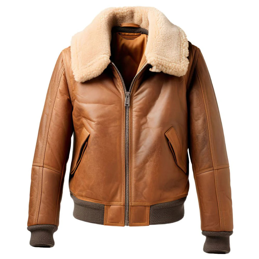 Brown Shearling Fur Bomber Premium Sheepskin Leather Jacket for Men