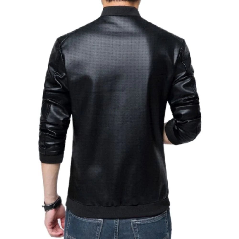 Classic Black Stand-Up collar slim-fit Genuine Leather Jacket for Men