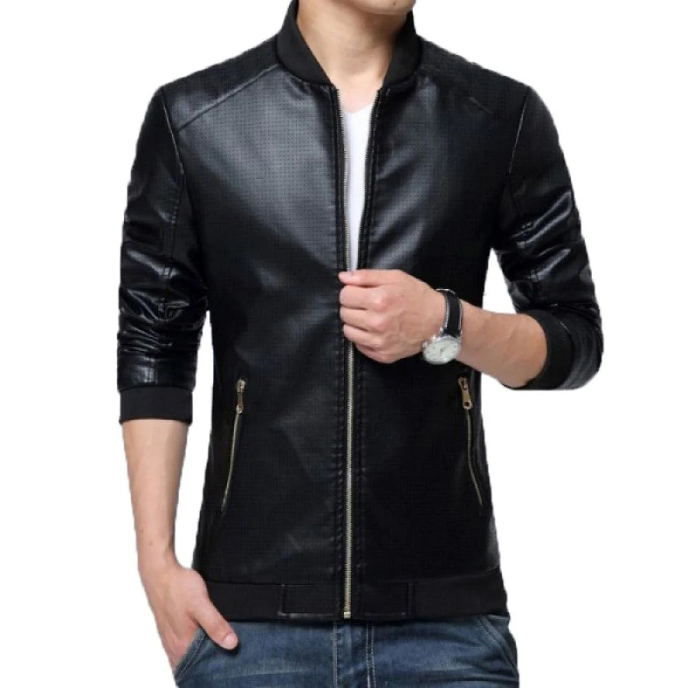 Classic Black Stand-Up collar slim-fit Genuine Leather Jacket for Men