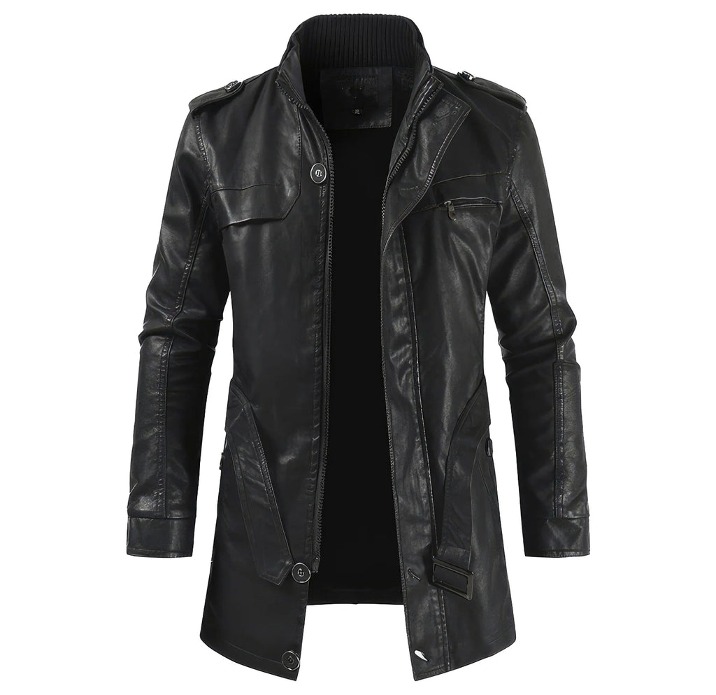 Classic Black Genuine Sheepskin Leather Trench Coat for Men