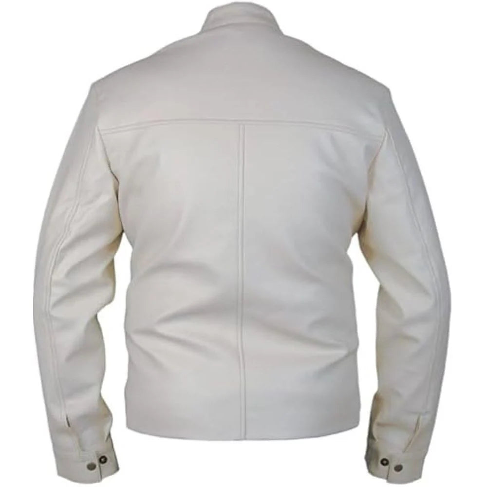 Off-White Blue-Stripe Genuine Leather Motorcycle Jacket for Men
