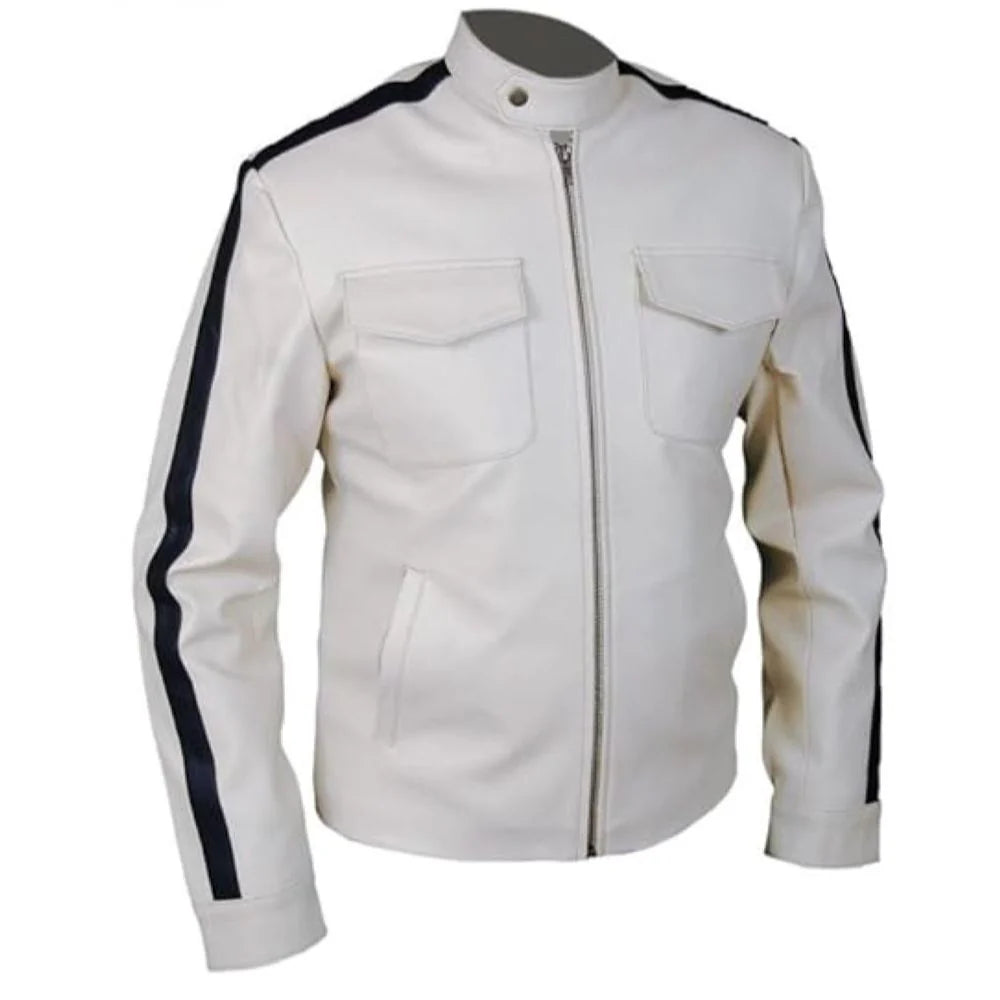 Off-White Blue-Stripe Genuine Leather Motorcycle Jacket for Men