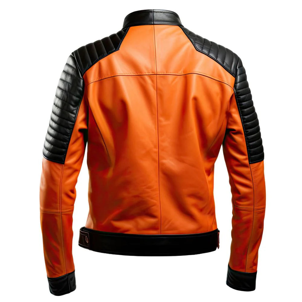 Orange Cafe Racer Quilted Premium Sheepskin Leather Jacket for Men