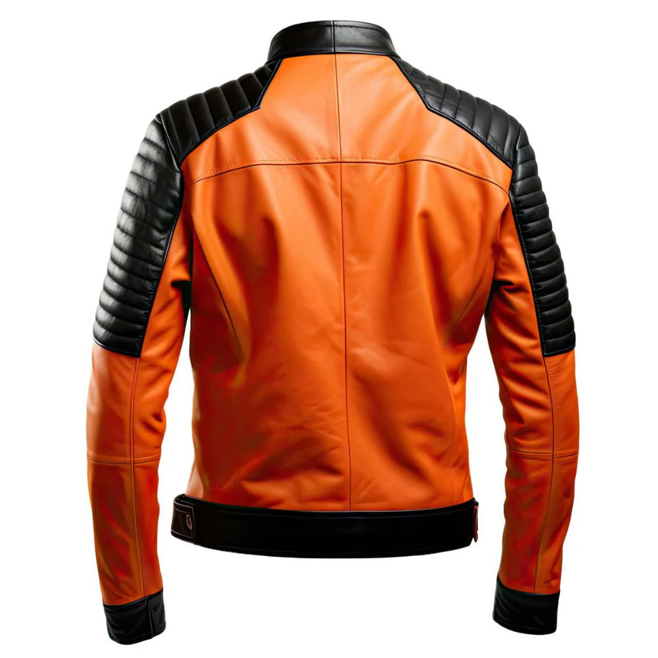 Orange Cafe Racer Quilted Premium Sheepskin Leather Jacket for Men