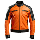 Orange Cafe Racer Quilted Premium Sheepskin Leather Jacket for Men