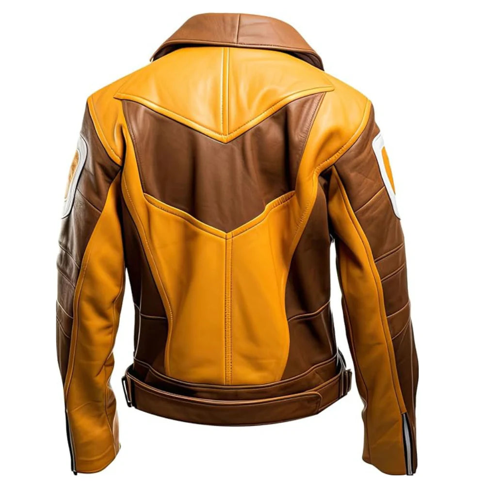 Brown Yellow Motorcycle Genuine Sheepskin Leather Jacket  for Men
