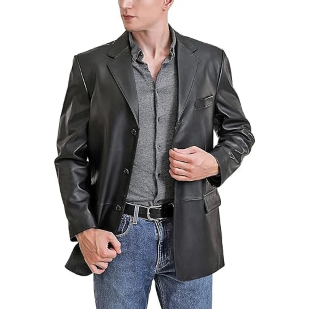 Solid Black Slim-Fit Genuine Sheepskin Leather Coat for Men