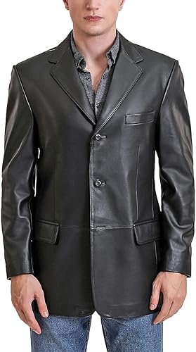 Solid Black Slim-Fit Genuine Sheepskin Leather Coat for Men