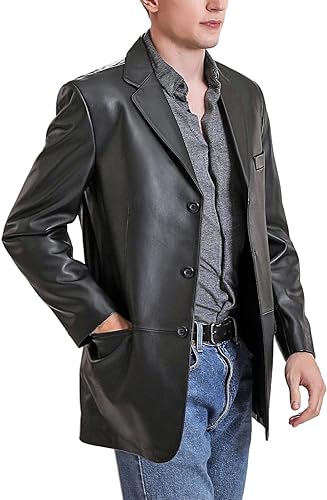 Solid Black Slim-Fit Genuine Sheepskin Leather Coat for Men