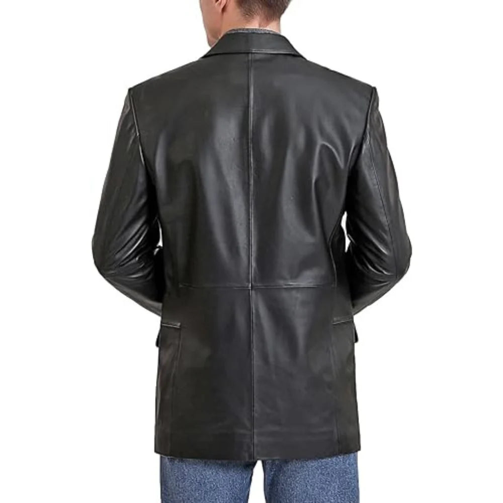 Solid Black Slim-Fit Genuine Sheepskin Leather Coat for Men