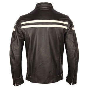 Stylish Cafe Racer White Stripped Black Genuine Leather Jacket for Men