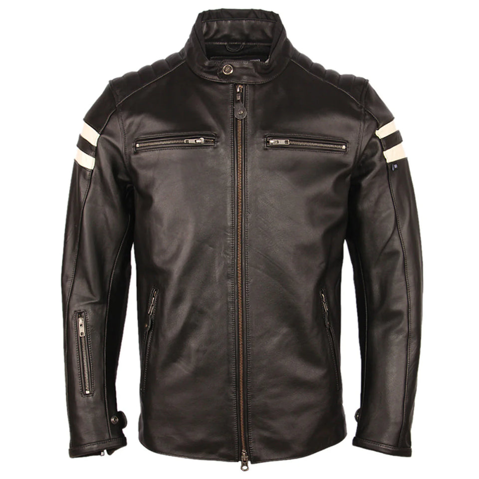 Stylish Cafe Racer White Stripped Black Genuine Leather Jacket for Men