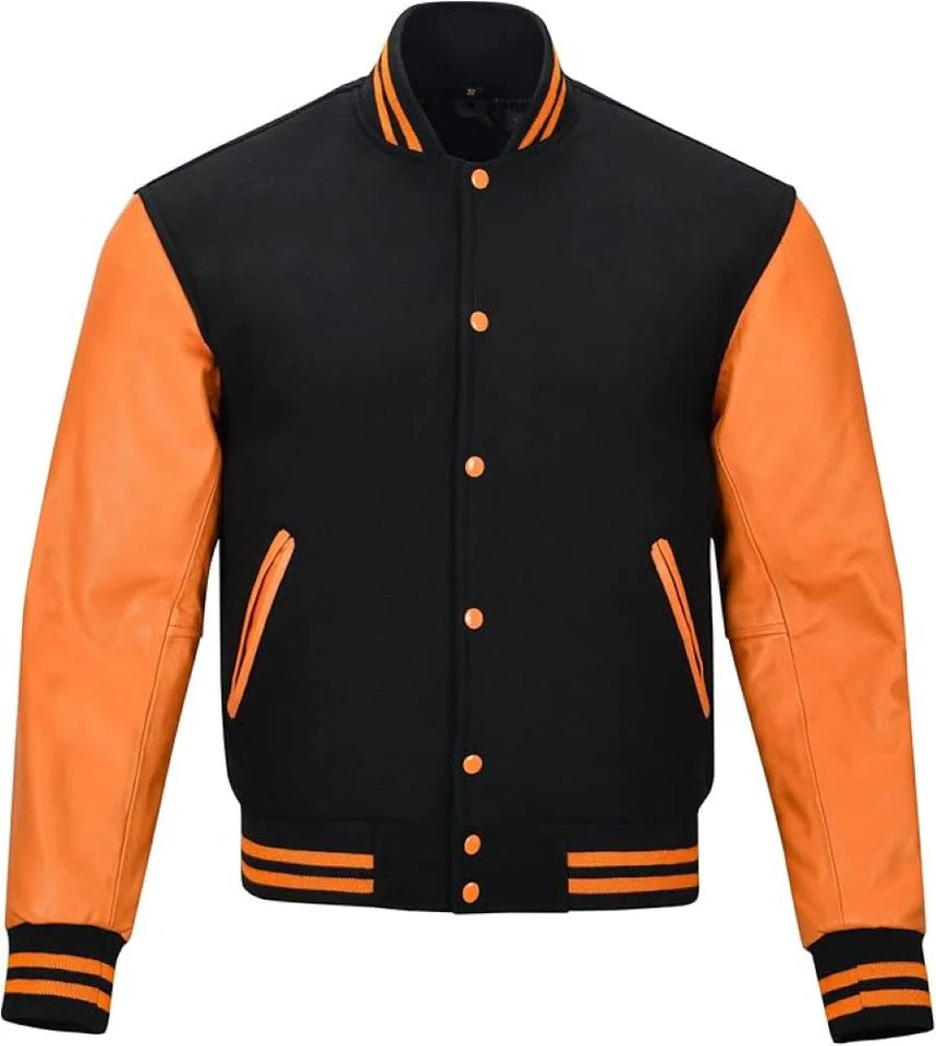 Pink Genuine Lambskin Varsity Rib-Knitted Leather Jacket for Men