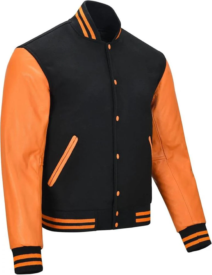 Pink Genuine Lambskin Varsity Rib-Knitted Leather Jacket for Men