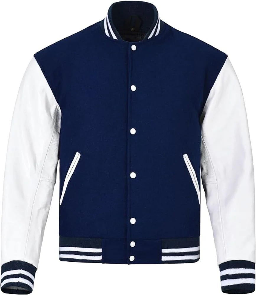 Unisex Wool Varsity Plain Lambskin Sleeves Jackets